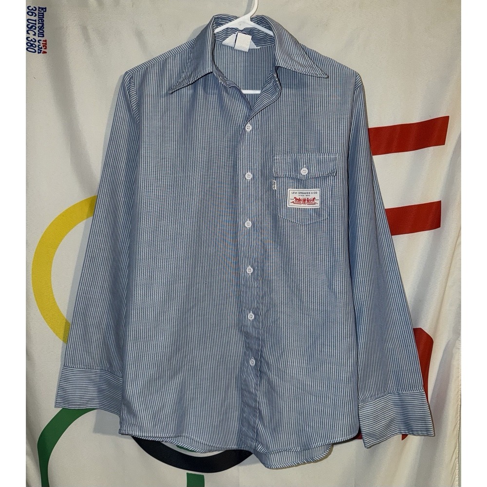 Vintage Levi's Chambray Button Up Shirt Medium Long Sleeve White Tab Striped